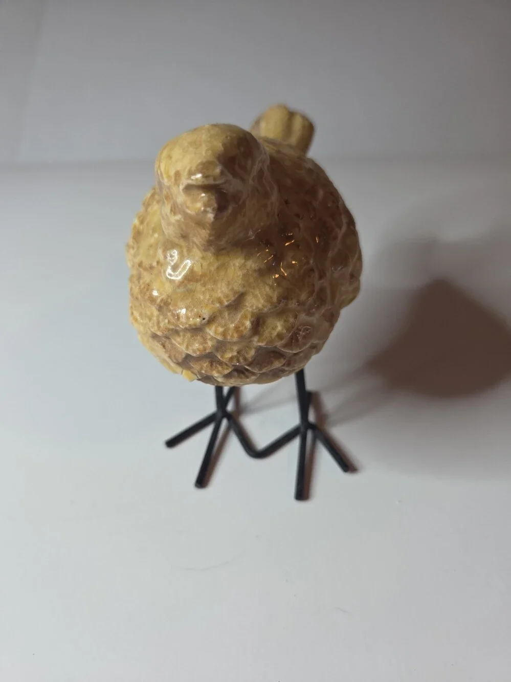 Vintage Primitive Ceramic Bird Figurine Yellow Glazed Textured Body w/wire Legs
